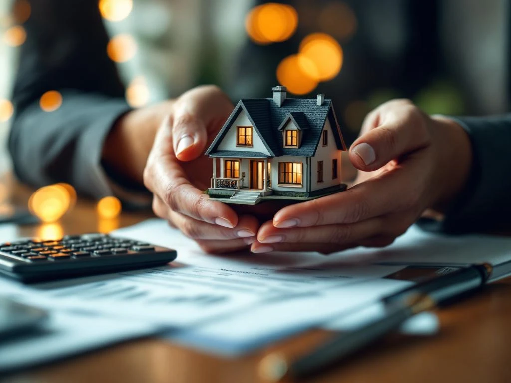 Handen beschermen miniatuur huis boven hypotheekdocumenten op houten bureau met rekenmachine en pen