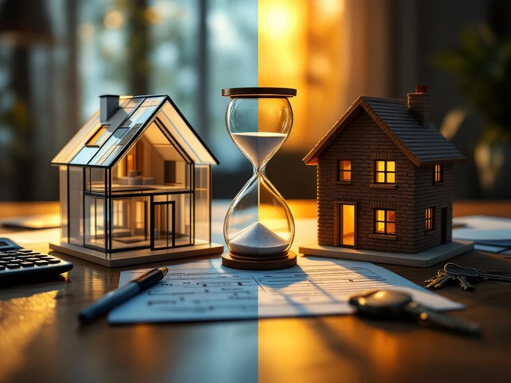 Twee huismodellen op houten bureau met zandloper ertussen, hypotheekdocumenten en sleutels, moderne glazen woning links, traditioneel bakstenen huis rechts