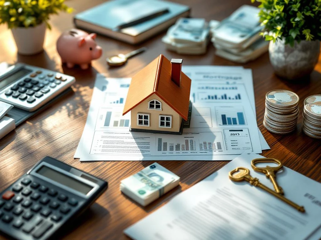 Houten huismodel op bureau met hypotheekdocumenten, eurobiljetten, rekenmachine en gouden sleutel voor huisfinanciering
