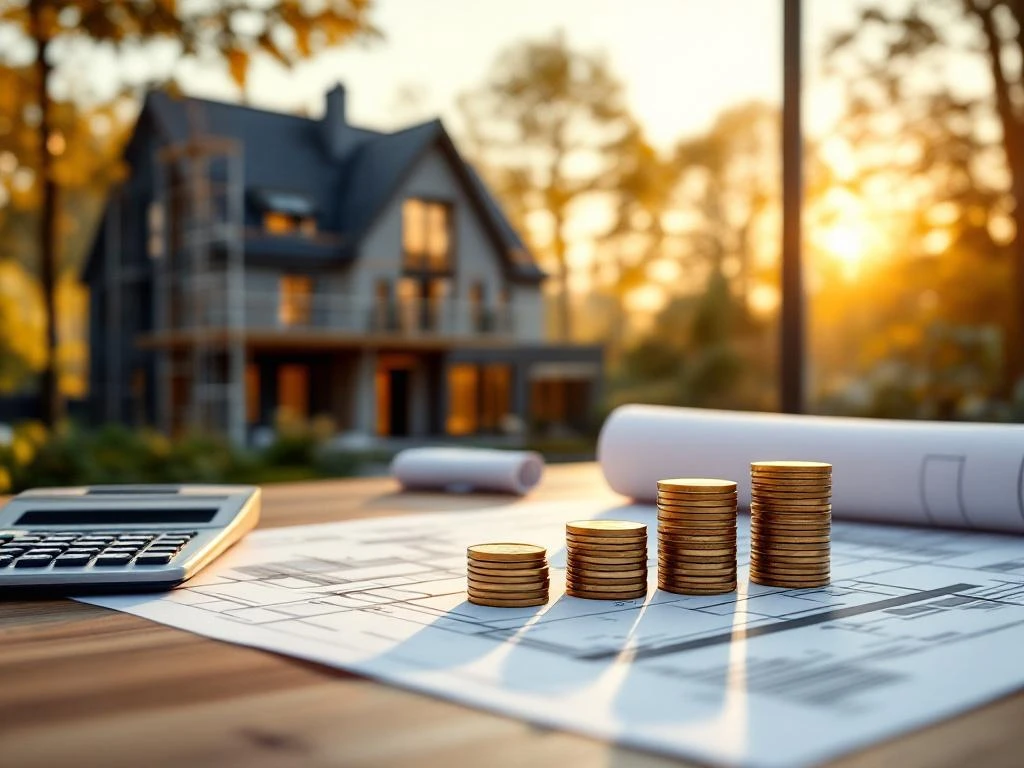 Nederlands huis in renovatie met steiger, hypotheekdocumenten op tafel en brug van euromunten die financiering symboliseert