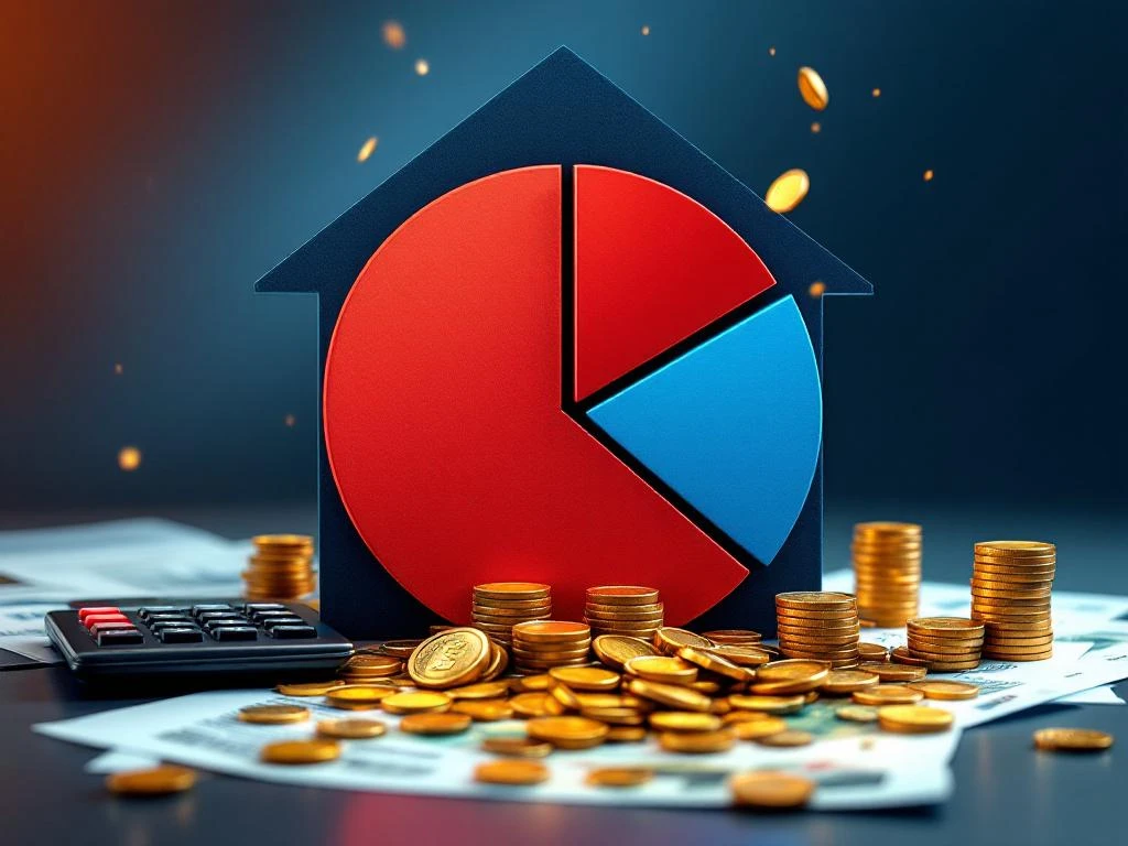 Huisvormige taartgrafiek toont hypotheekbetalingen: rode sectie voor rente, blauwe voor aflossing, met geld en documenten