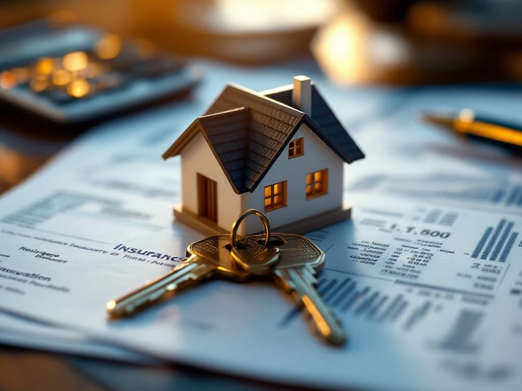 Huissleutels op hypotheekdocumenten met miniatuurhuis, calculator en pen voor woningkoop en financiering