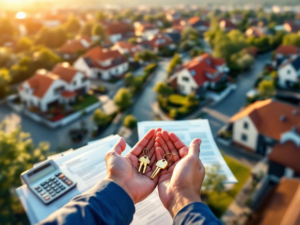 Handen houden gouden huissleutels boven hypotheekdocument met Nederlandse woonwijk met rode pannendaken op achtergrond