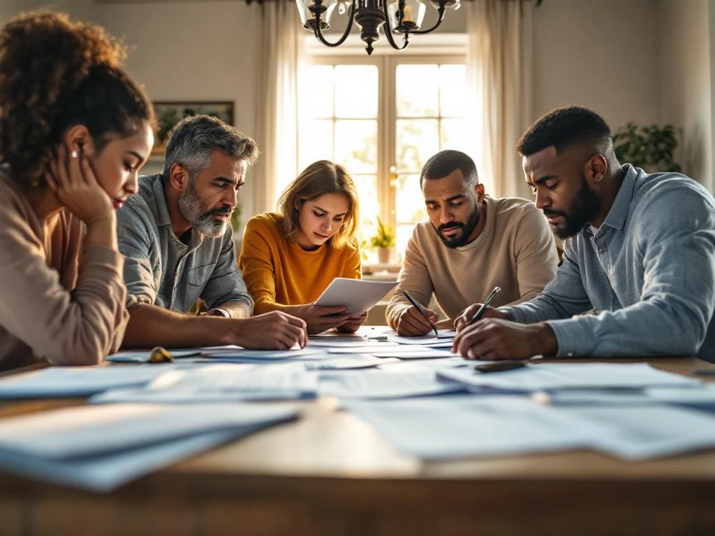Familie bespreekt hypotheekdocumenten aan keukentafel met huissleutel, bezorgde uitdrukkingen in warm verlichte kamer