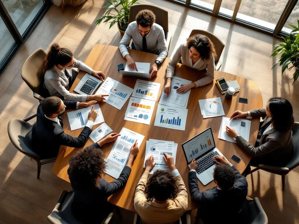 Diverse professionals vergelijken hypotheekdocumenten en rentetarieven rond moderne houten vergadertafel