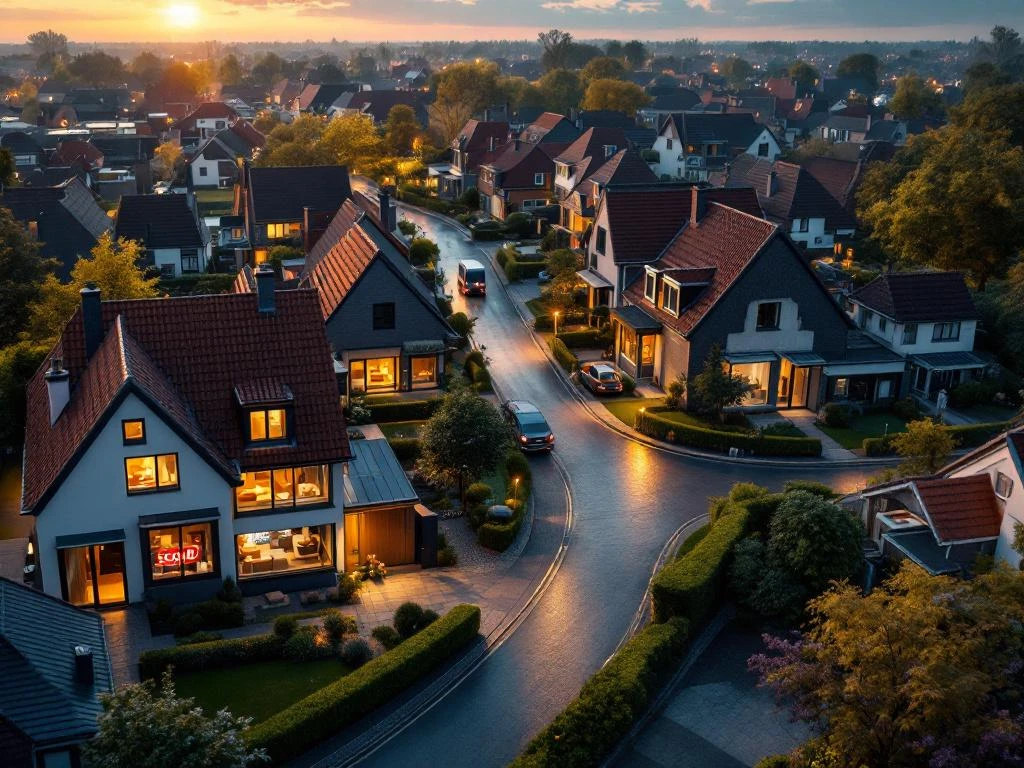 Luchtfoto van Nederlandse wijk met verhuisroute tussen verkocht huis en nieuw thuis, rode daken en boomrijke straten