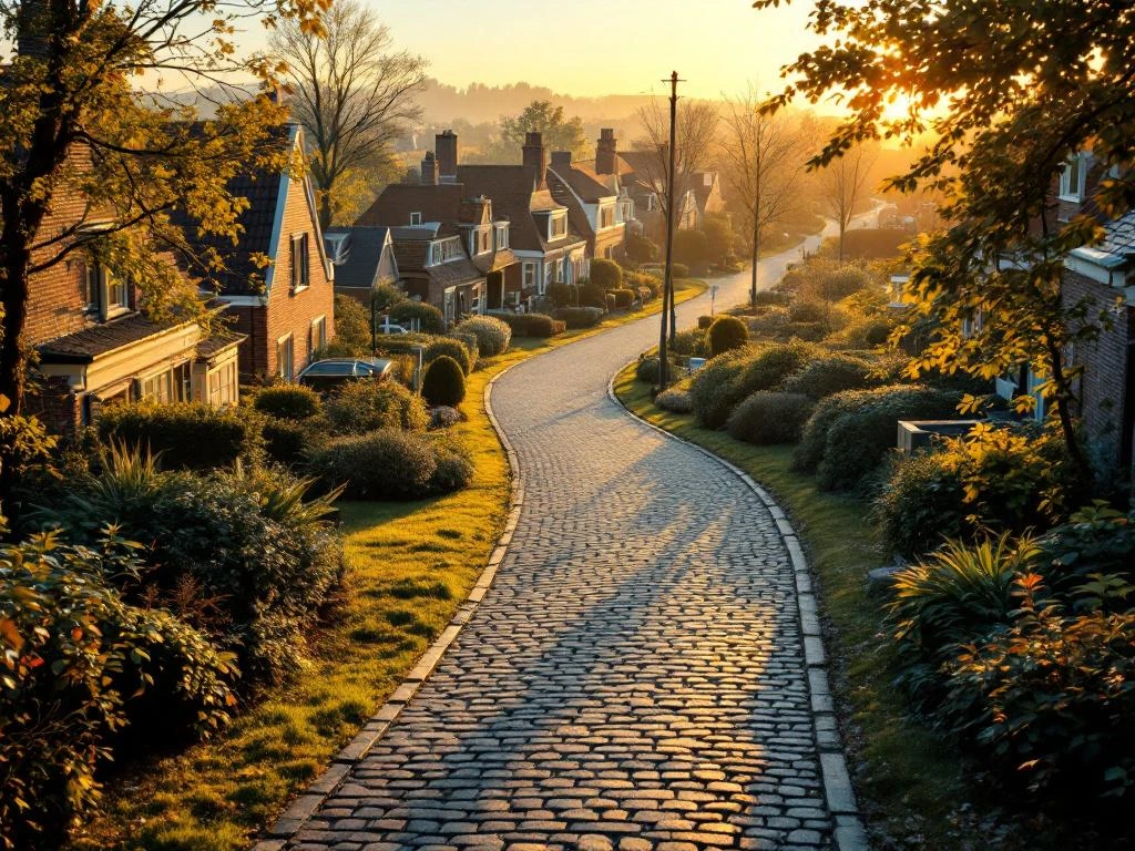 Luchtfoto van kronkelende woonstraat met diverse Nederlandse huizen, van kinderkopjes naar asfalt, gouden uurtje verlichting