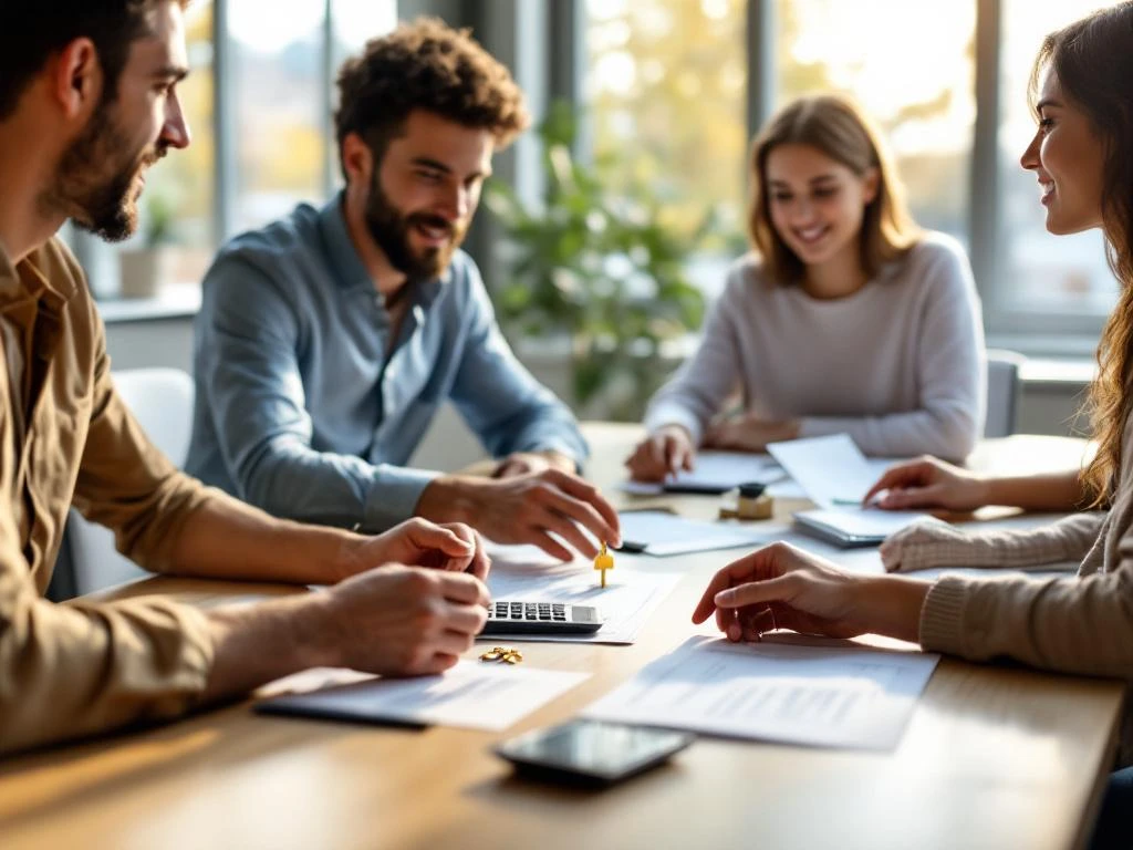 Hypotheekadviseur bespreekt documenten met jong stel rond moderne vergadertafel in professioneel kantoor