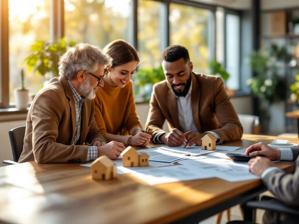 Financieel adviseur bespreekt hypotheekdocumenten met echtpaar aan moderne houten tafel in licht kantoor