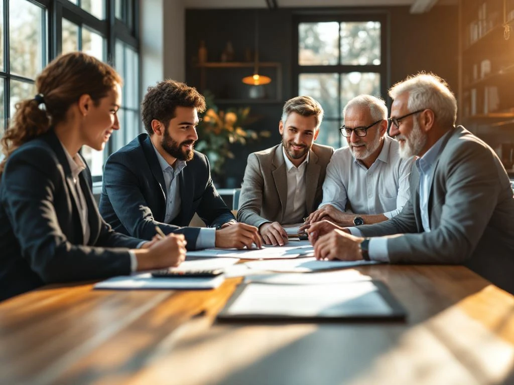 Financieel adviseur presenteert hypotheekinformatie aan klanten rond moderne houten vergadertafel in professioneel kantoor
