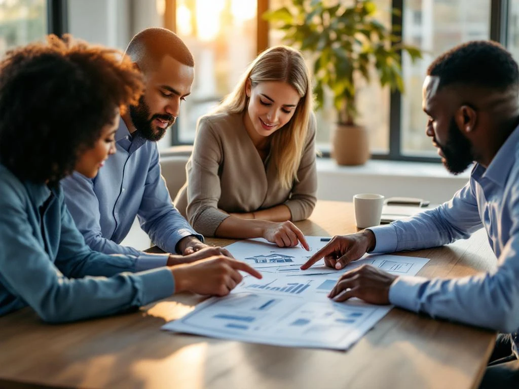 Financieel adviseur bespreekt hypotheekdocumenten en huisplannen met twee klanten aan moderne houten tafel in kantoor