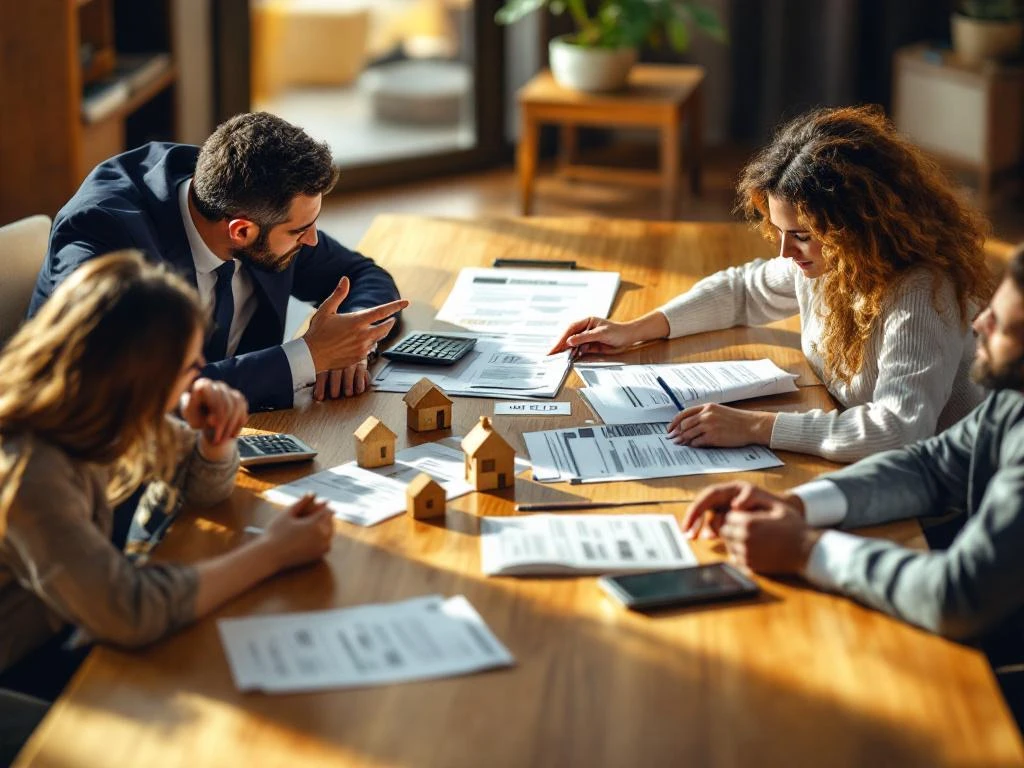 Hypotheekadviseur bespreekt documenten met stel aan houten vergadertafel met laptop en huisblokjes in modern kantoor
