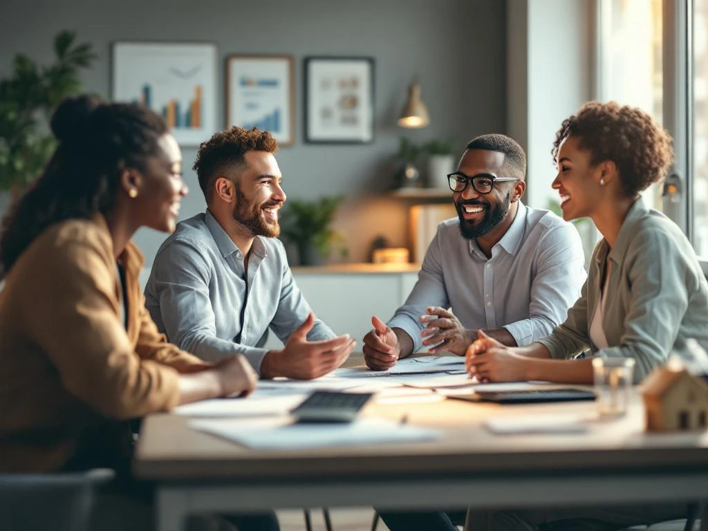 Hypotheekadviseur legt opties uit aan drie diverse huiskopers aan bureau met documenten en rekenmachines in modern kantoor