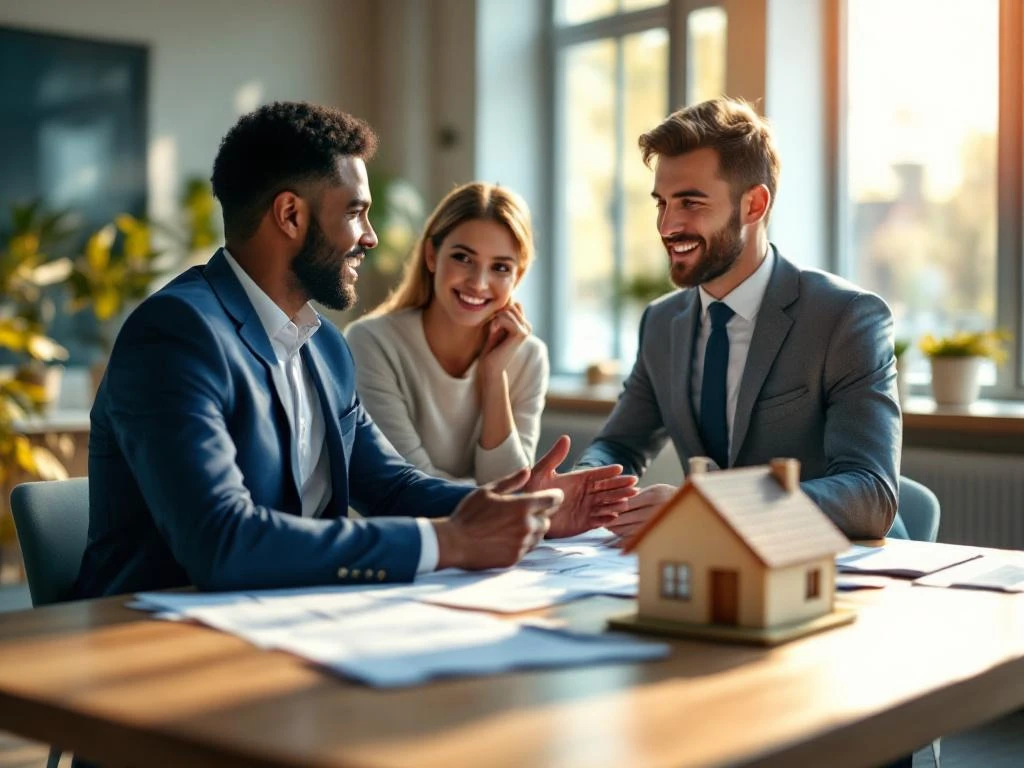 Hypotheekadviseur bespreekt documenten met jong stel aan bureau met huismodel in modern kantoor