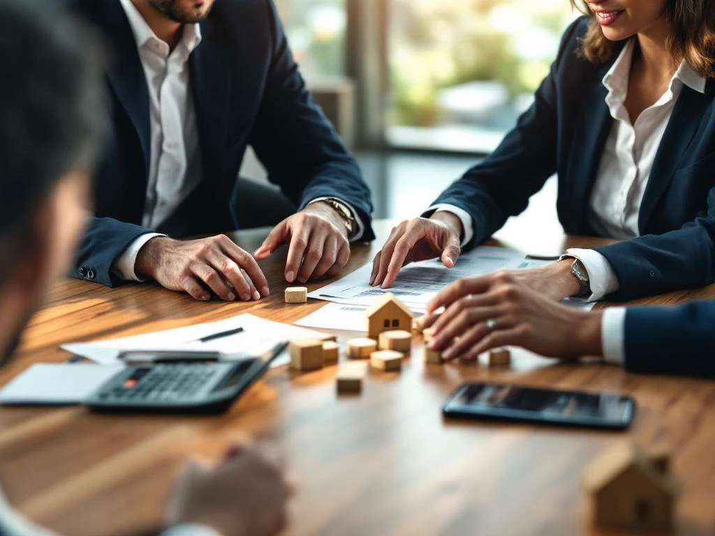 Drie professionele hypotheekadviseurs bespreken documenten en houten huisblokjes aan moderne vergadertafel