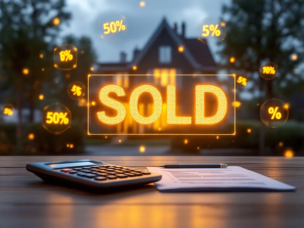 Modern Nederlands huis met VERKOCHT bord, calculator en documenten voor hypotheek- en vastgoedwaardering