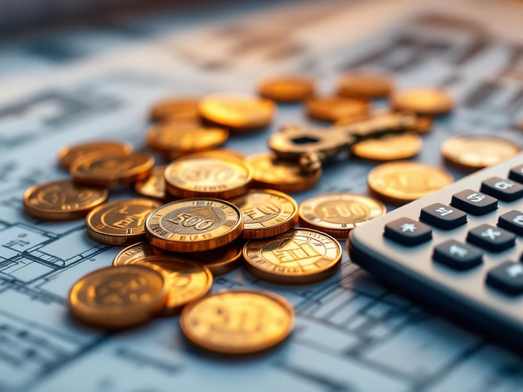 Euromunt op Nederlandse huisplannen met sleutel, rekenmachine en hypotheekdocumenten voor woningaankoop kosten