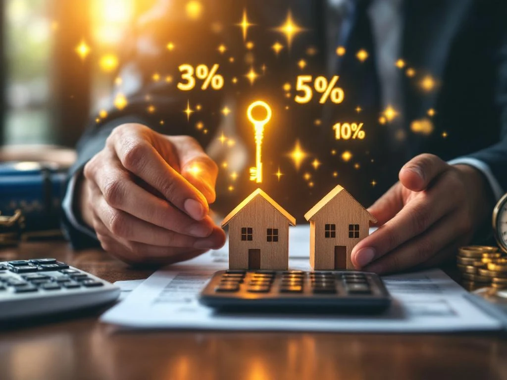 Handen houden gouden sleutel boven houten huismodellen met zwevende rentepercentages, calculator en hypotheekdocumenten