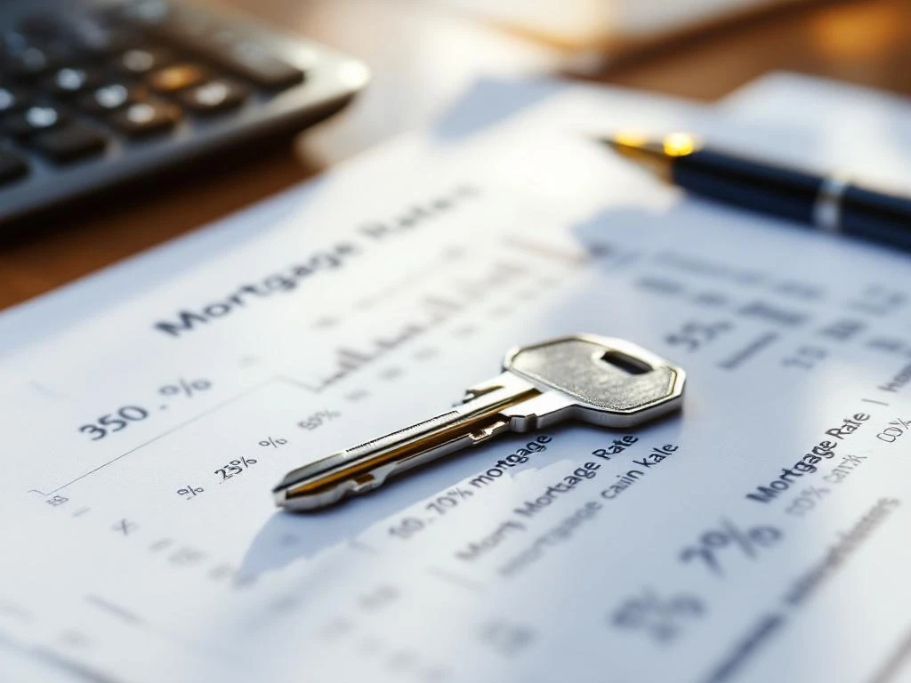 Huissleutel op hypotheekdocumenten met calculator en pen op houten bureau, warme verlichting