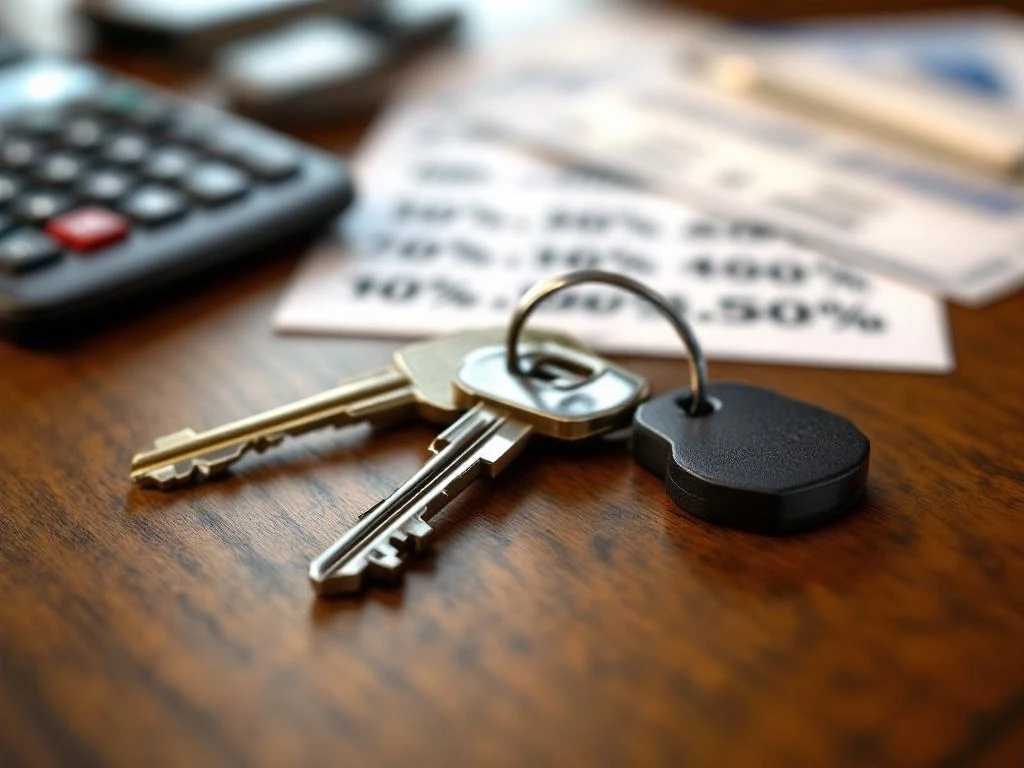 Verschillende huissleutels van messing, zilver en zwart op houten bureau met financiële documenten en rekenmachine op achtergrond