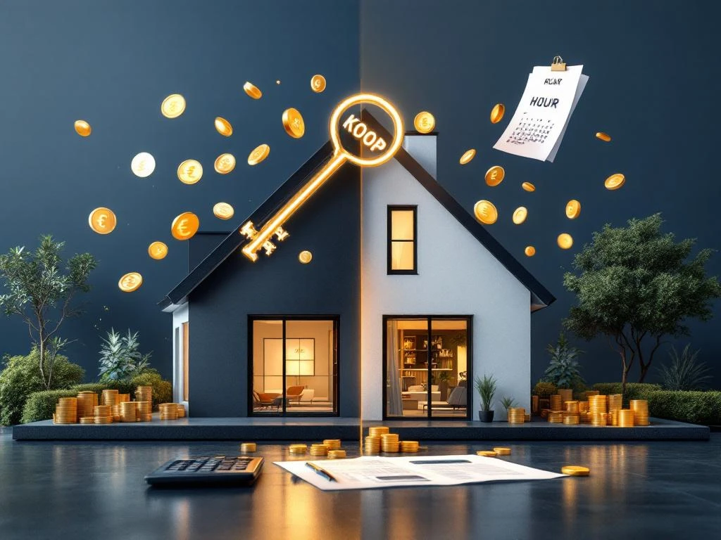 Twee Nederlandse huizen naast elkaar: links met "KOOP" label en gouden munten, rechts met "HUUR" contract en kalenders