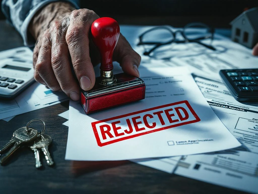 Verweerde handen houden rode 'AFGEWEZEN' stempel boven kredietaanvragen op donker houten bureau met calculator en sleutels