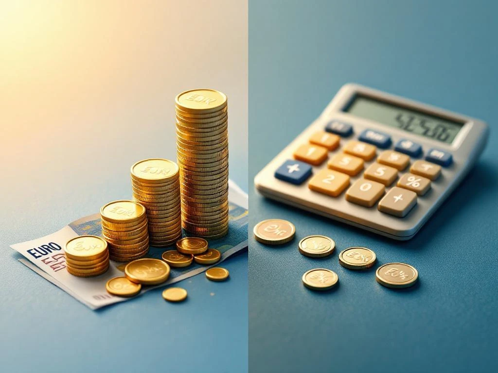 Gesplitst scherm met euro bankbiljetten en munten voor lening terugbetaling links, rekenmachine met procenten rechts