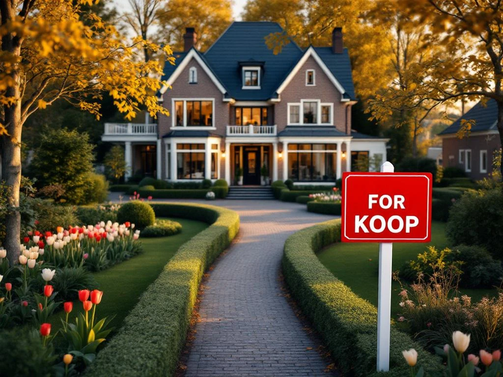 Elegante Nederlandse bakstenen woning met rode 'Te Koop' bord in voortuin met tulpen en kasseienpad