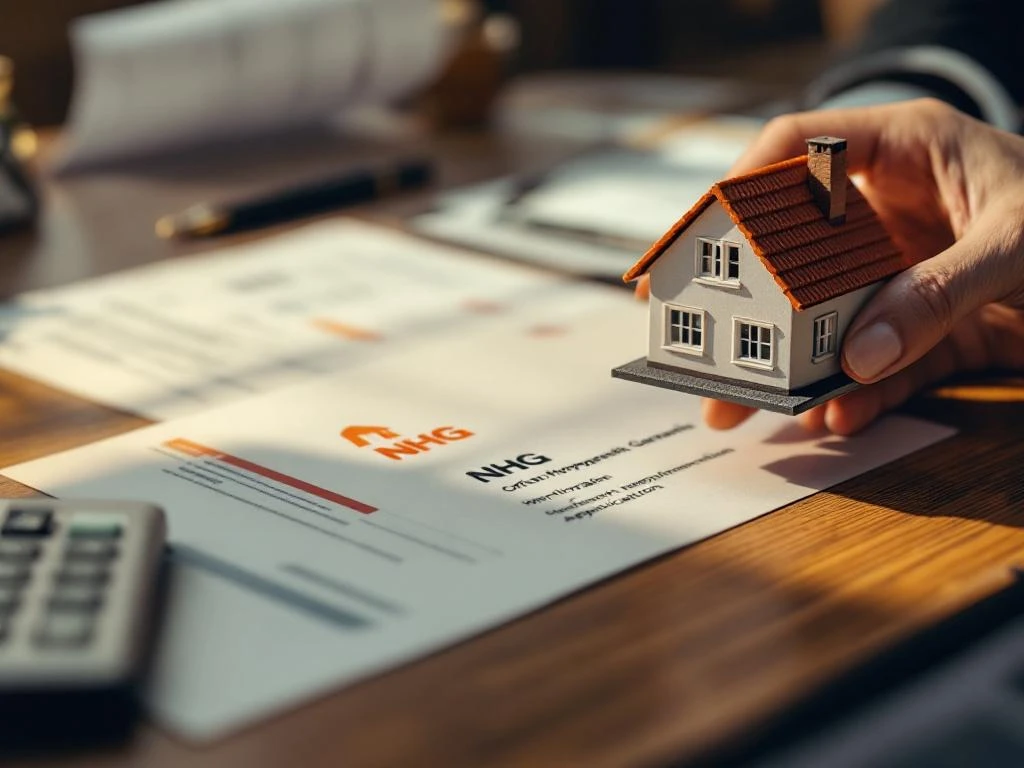 Handen houden miniatuur Nederlands huis boven hypotheekdocumenten met NHG-logo, calculator en pen op bureau