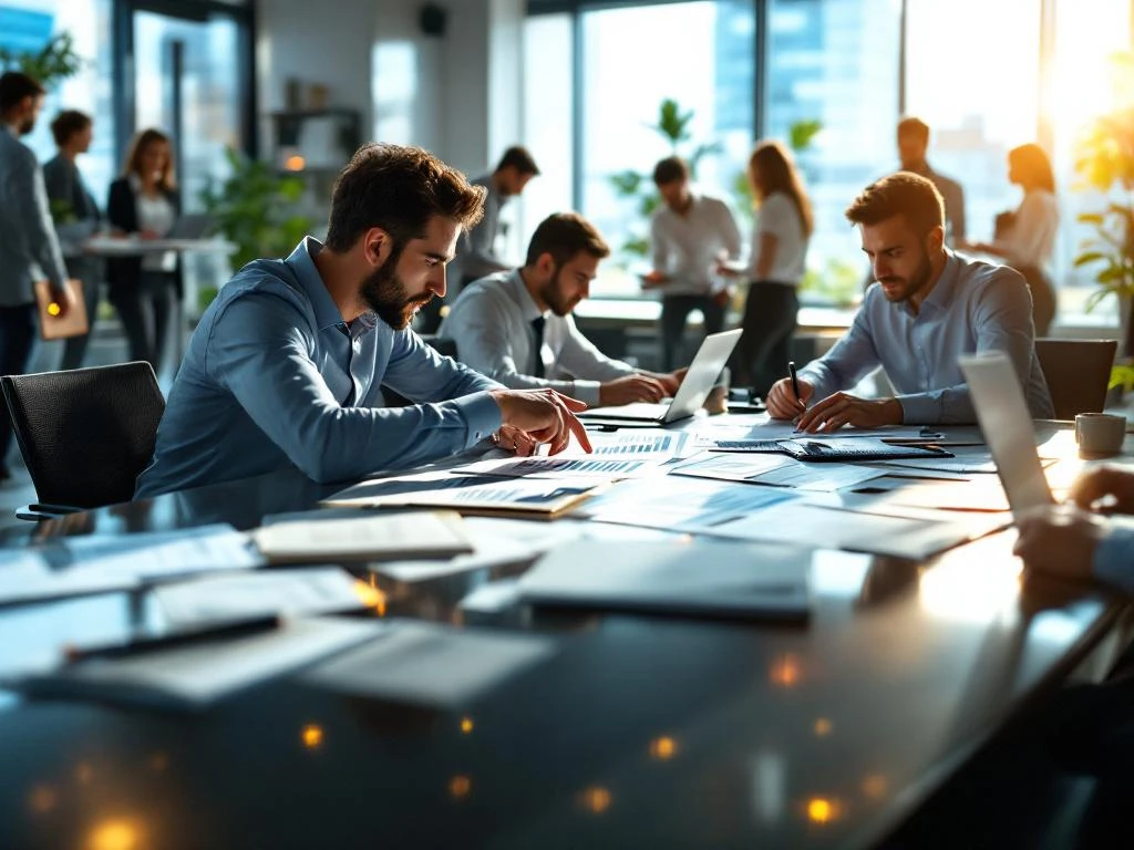 Ondernemers bespreken financiële documenten en belastingpapieren rond conferentietafel in modern kantoor