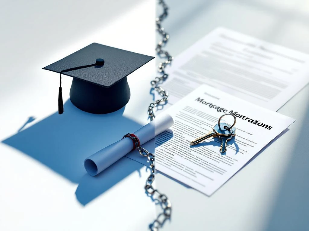 Afstudeerpet en diploma naast huissleutel op hypotheekdocumenten, toont impact studieschuld op woningkoop