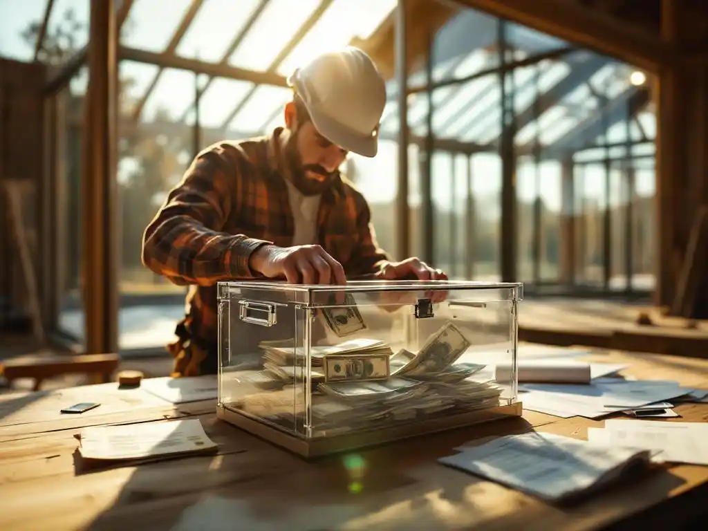 Aannemer in bouwhelm plaatst geld en documenten in transparante kluis op bouwplaats met moderne glasconstructie