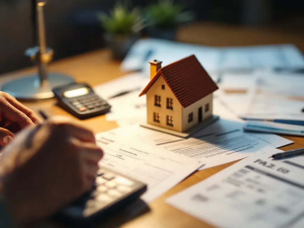 Persoon vult belastingformulieren in met huismodel en hypotheekdocumenten op houten bureau onder bureaulamp