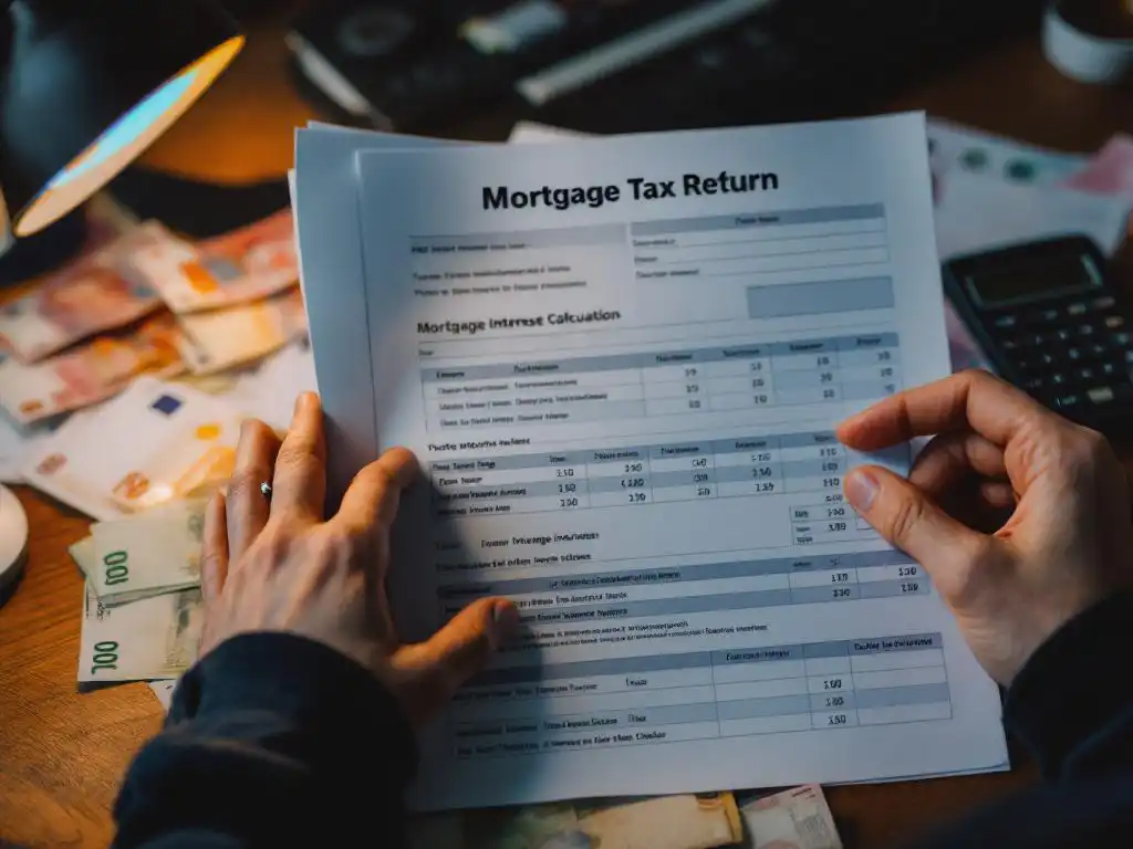 Handen houden belastingaangifte met hypotheekrente berekeningen vast, rekenmachine en eurobiljetten op bureau