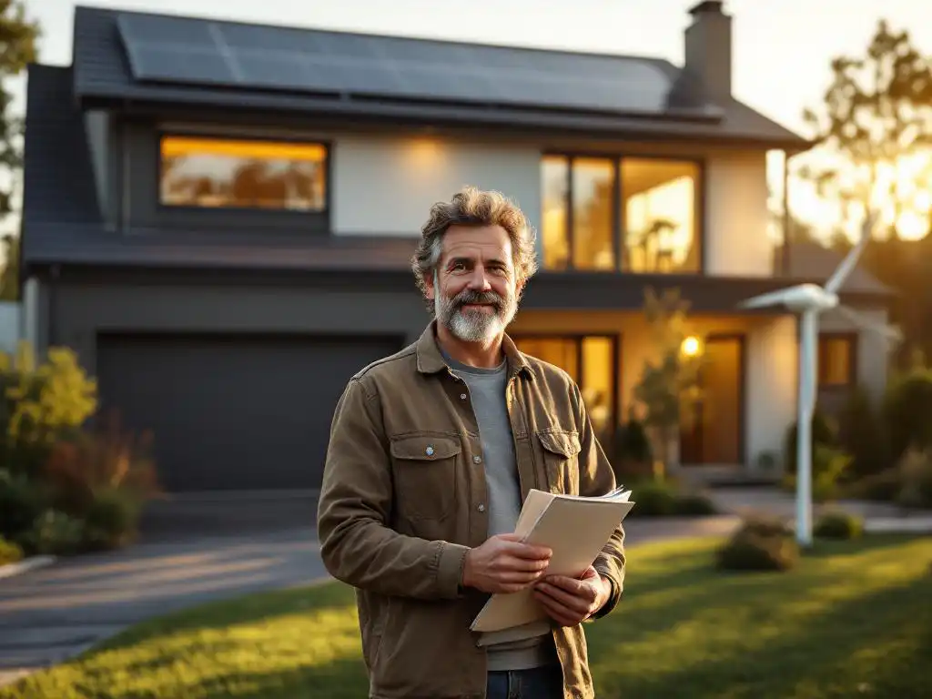 Huiseigenaar met hypotheekdocumenten voor modern huis met zonnepanelen en energiezuinige ramen