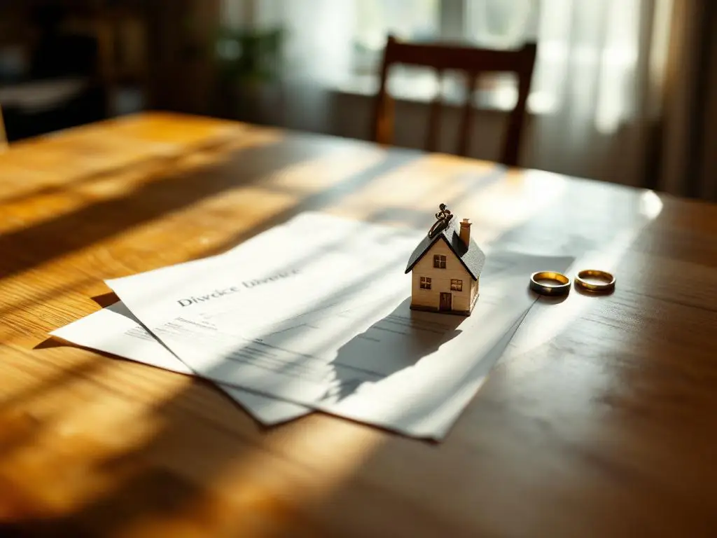 Echtscheidingspapieren op houten tafel met huissleutelhanger en twee trouwringen in warm zonlicht