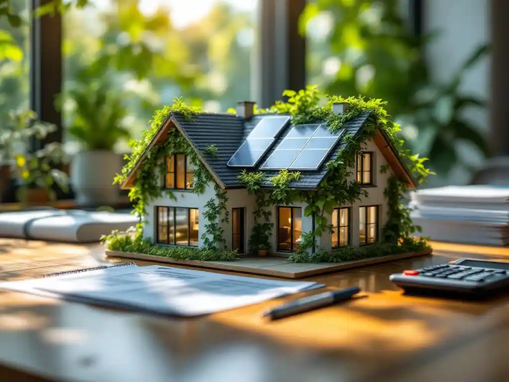 Eco-vriendelijk huismodel met zonnepanelen en klimop op bureau naast hypotheekdocumenten en rekenmachine