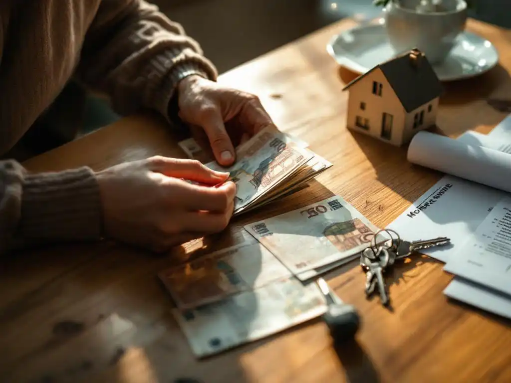 Handen tellen eurobiljetten naast huissleutels en hypotheekdocumenten op houten tafel met natuurlijk licht