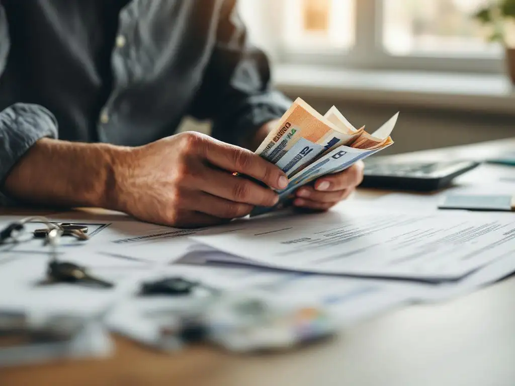 Handen tellen eurobiljetten op houten bureau met Nederlandse belastingdocumenten, huissleutels en rekenmachine
