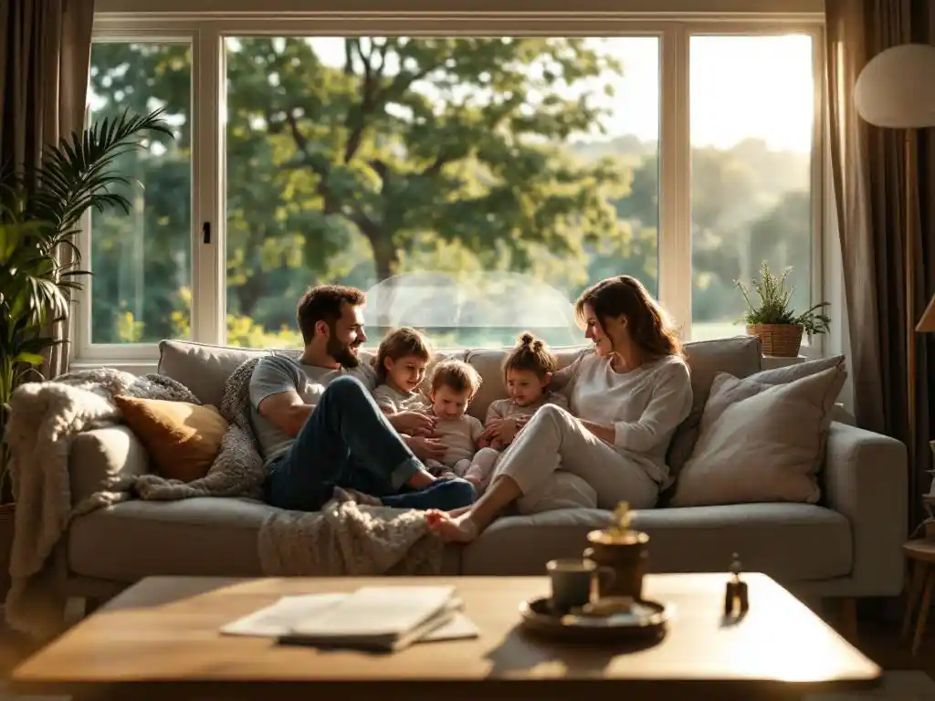 Familie ontspant op bank in gezellige woonkamer met avondlicht, huissleutels en verzekeringspapieren op tafel