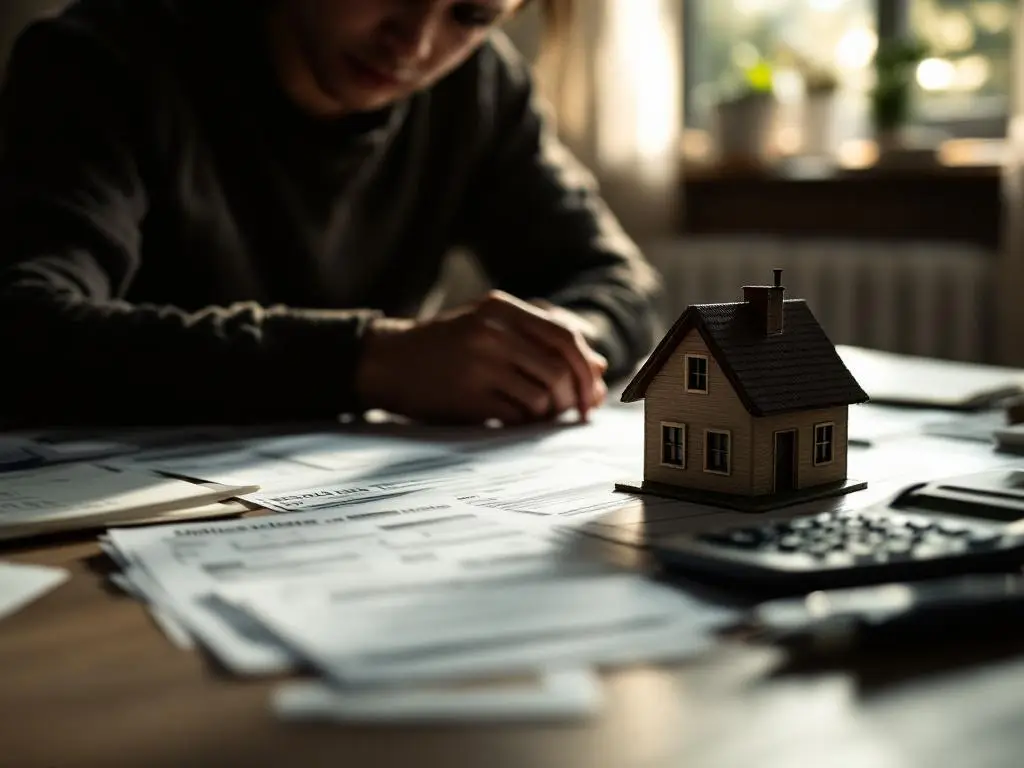 Bezorgde persoon bekijkt financiële documenten en rekeningen aan keukentafel met huismodel, calculator en pen