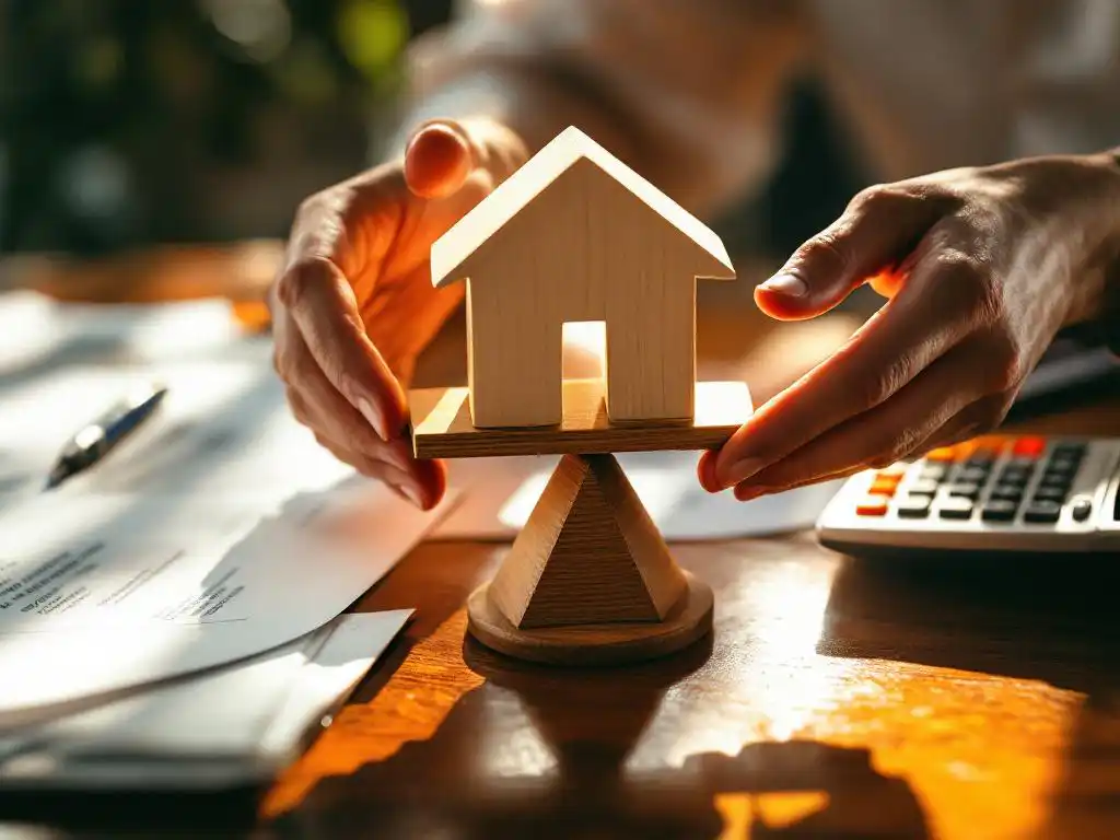 Handen plaatsen houten huisblok op weegschaal met belastingdocumenten en hypotheekpapieren op mahonie bureau