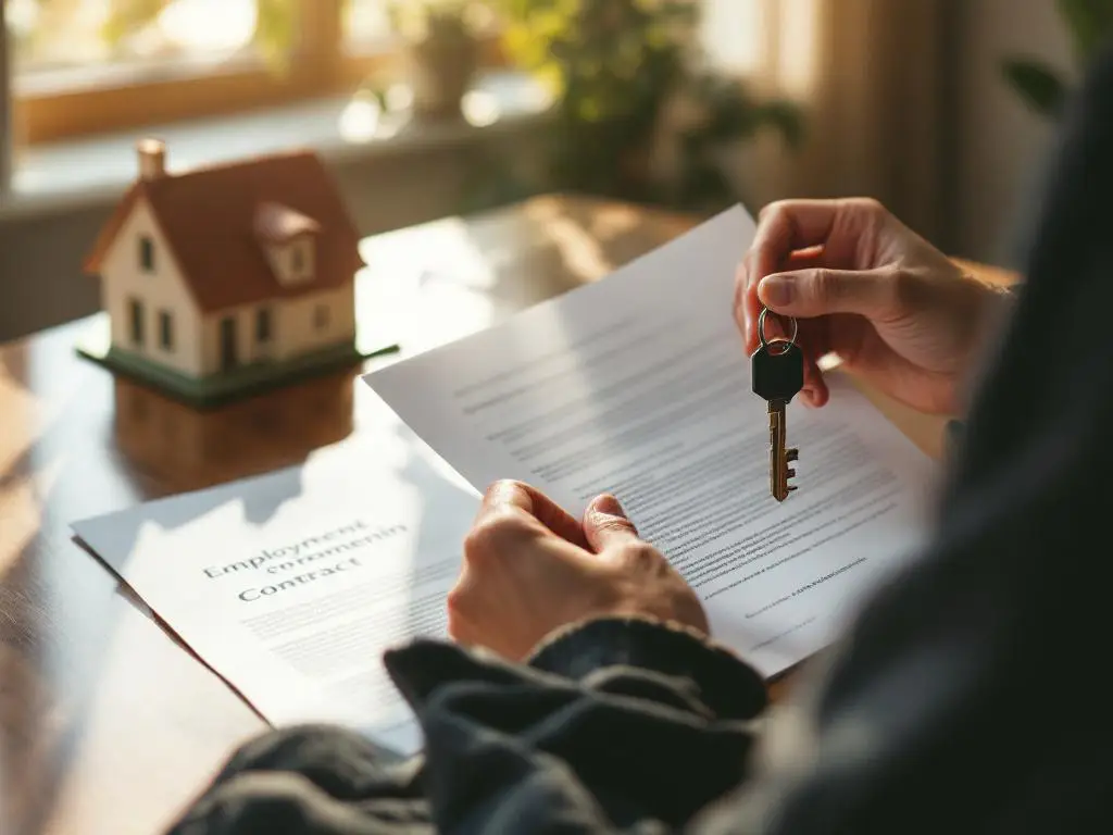 Handen houden huissleutel en arbeidscontract vast op houten tafel naast architectuurmodel in warm zonlicht