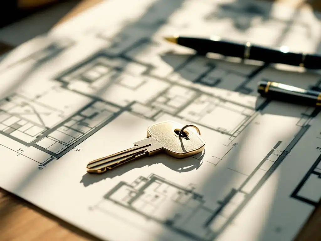 Huissleutel op bouwplan met hypotheekdocumenten en pen op houten bureau in natuurlijk licht
