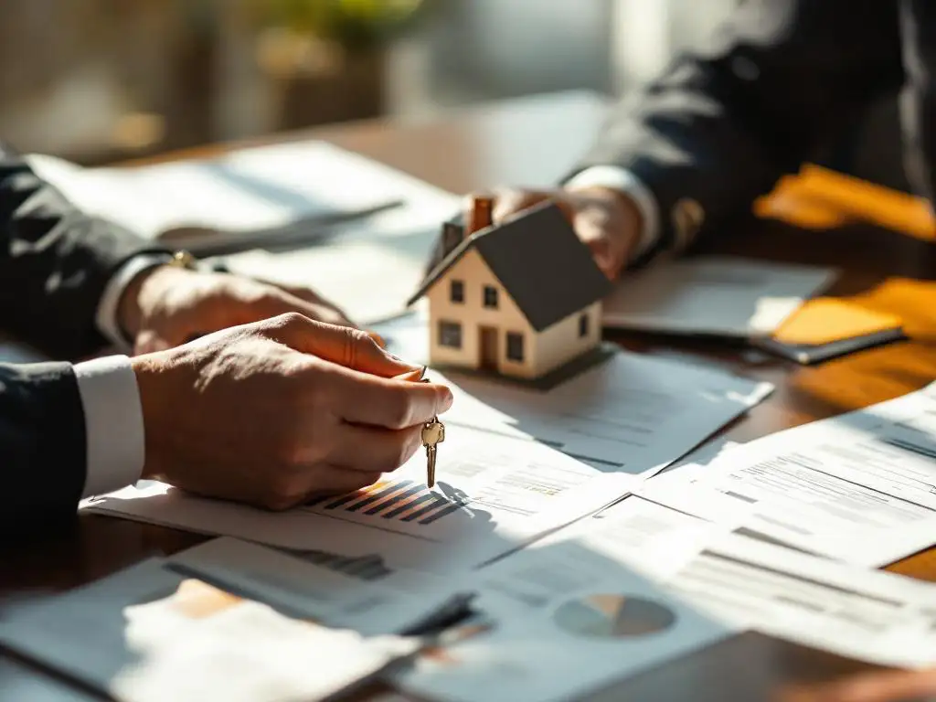 Handen van professional met huissleutel boven financiële documenten en huismodel op houten bureau in warm licht