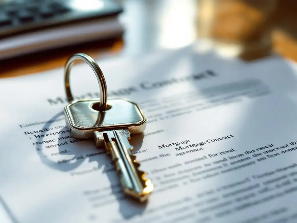 Moderne huissleutel op hypotheekcontract met huurovereenkomsten eronder op houten bureau in natuurlijk licht