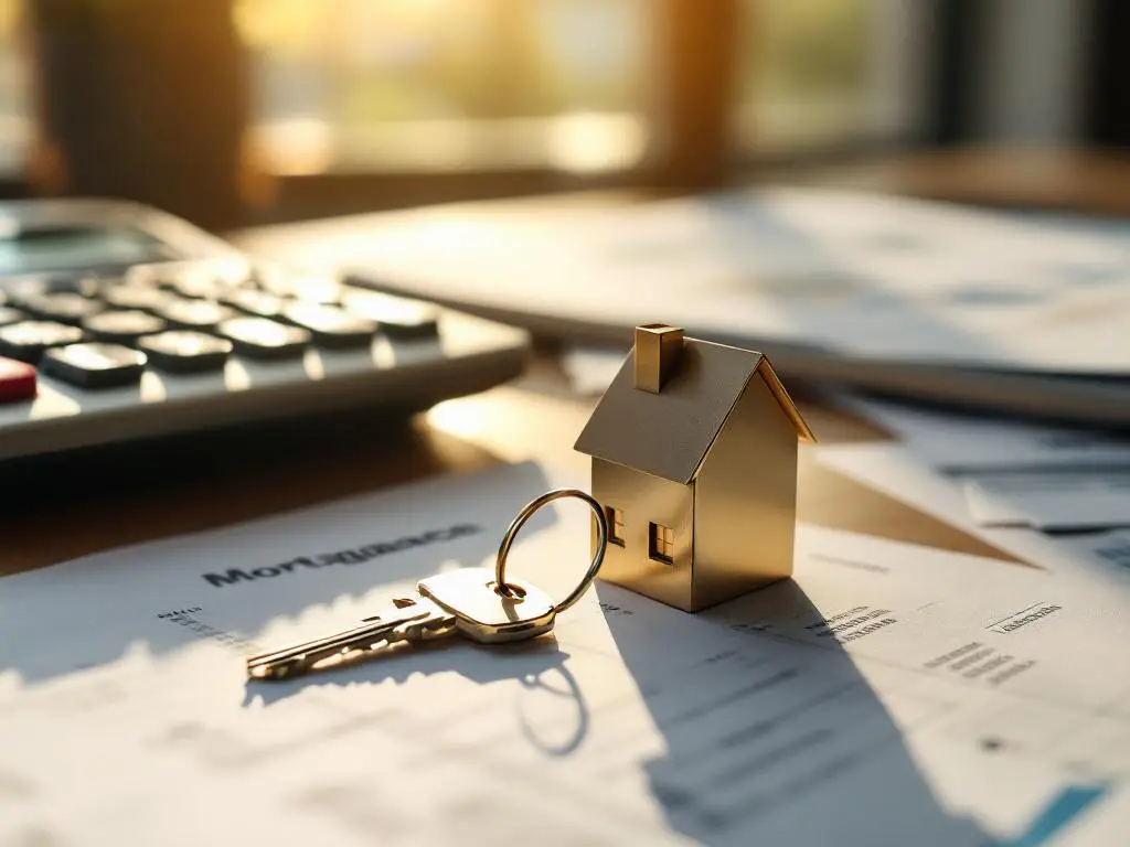 Huissleutel op hypotheekdocumenten met rekenmachine op houten bureau in natuurlijk licht