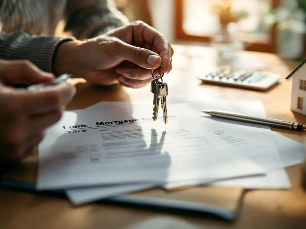 Handen houden huissleutels boven hypotheekdocumenten met miniatuurhuis, rekenmachine en pen op houten tafel