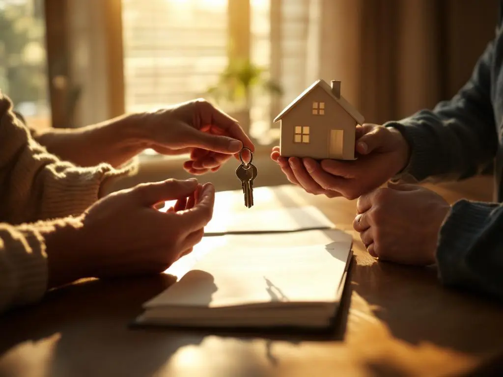 Volwassene overhandigt huissleutels aan jongere persoon aan keukentafel met huismodel en hypotheekdocumenten