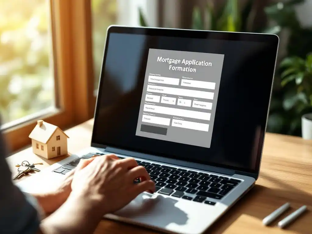 Laptop met digitaal hypotheekaanvraagformulier op scherm, huissleutels en houten huismodel op bureau